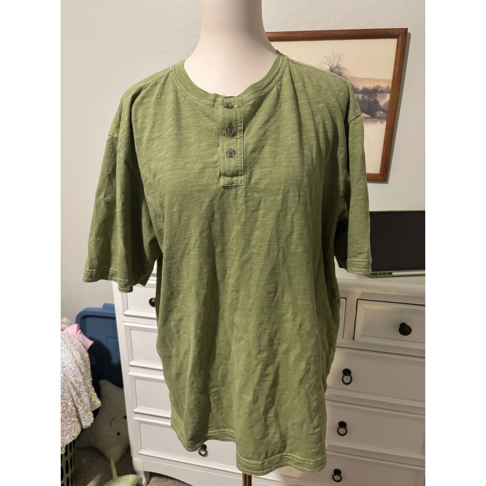 Mens Henley Olive Green Red Head Short Sleeve Slub Cotton Casual Shirt Medium